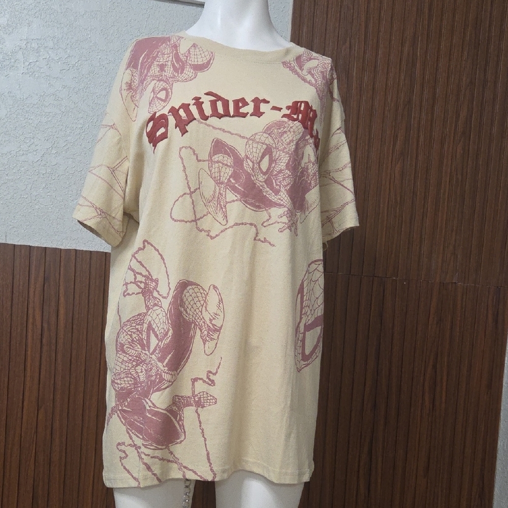 Marvel Spider-Man AOP Graphic Tee Size Large Cream Comic Print RN 71868[1033]